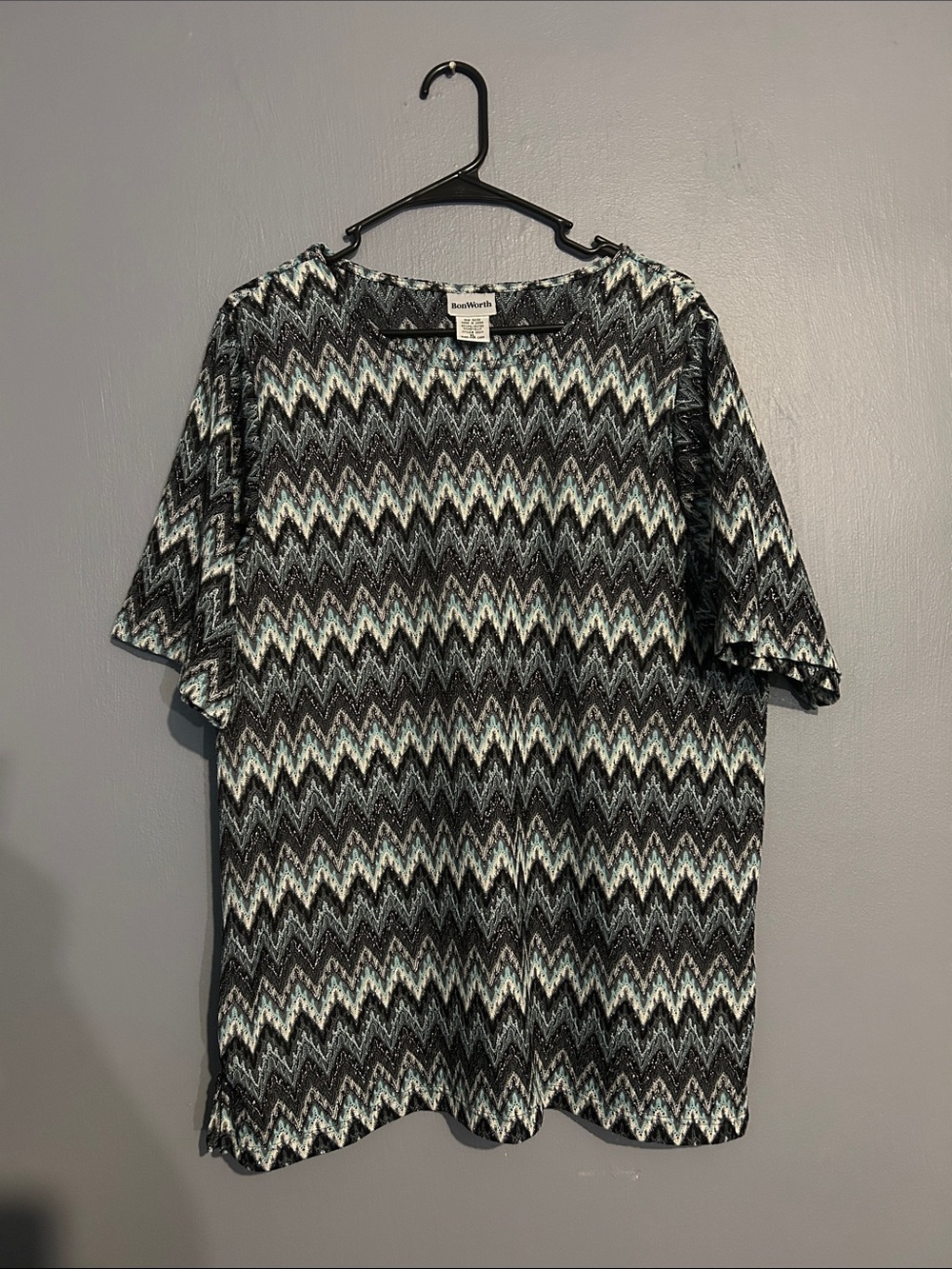 Bon Worth Black, White & Teal Zigzag Short Sleeve Top